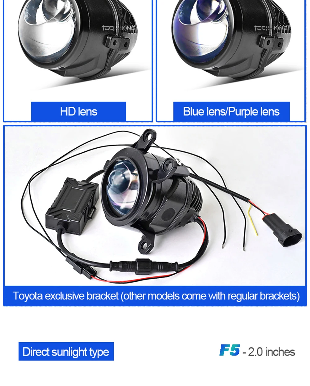 TECH-KING Automobile 2-inch 12V universal LED three-light matrix projector fog lamp for Toyota Nissan laser lens fog lamp