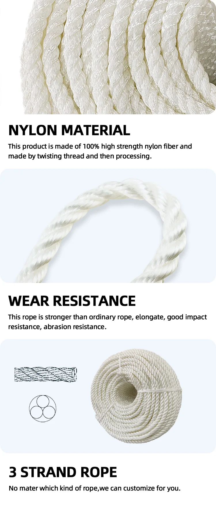 Vervaardiging van gedraaide wit natuurlike 3 drade nylon tou