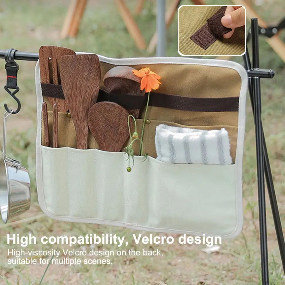 Portable Kitchen Kit Storage Cloth Bag Outdoor Camping Cutlery Canvas Organizer Pouch Travel Picnic Tableware Hanging Bags