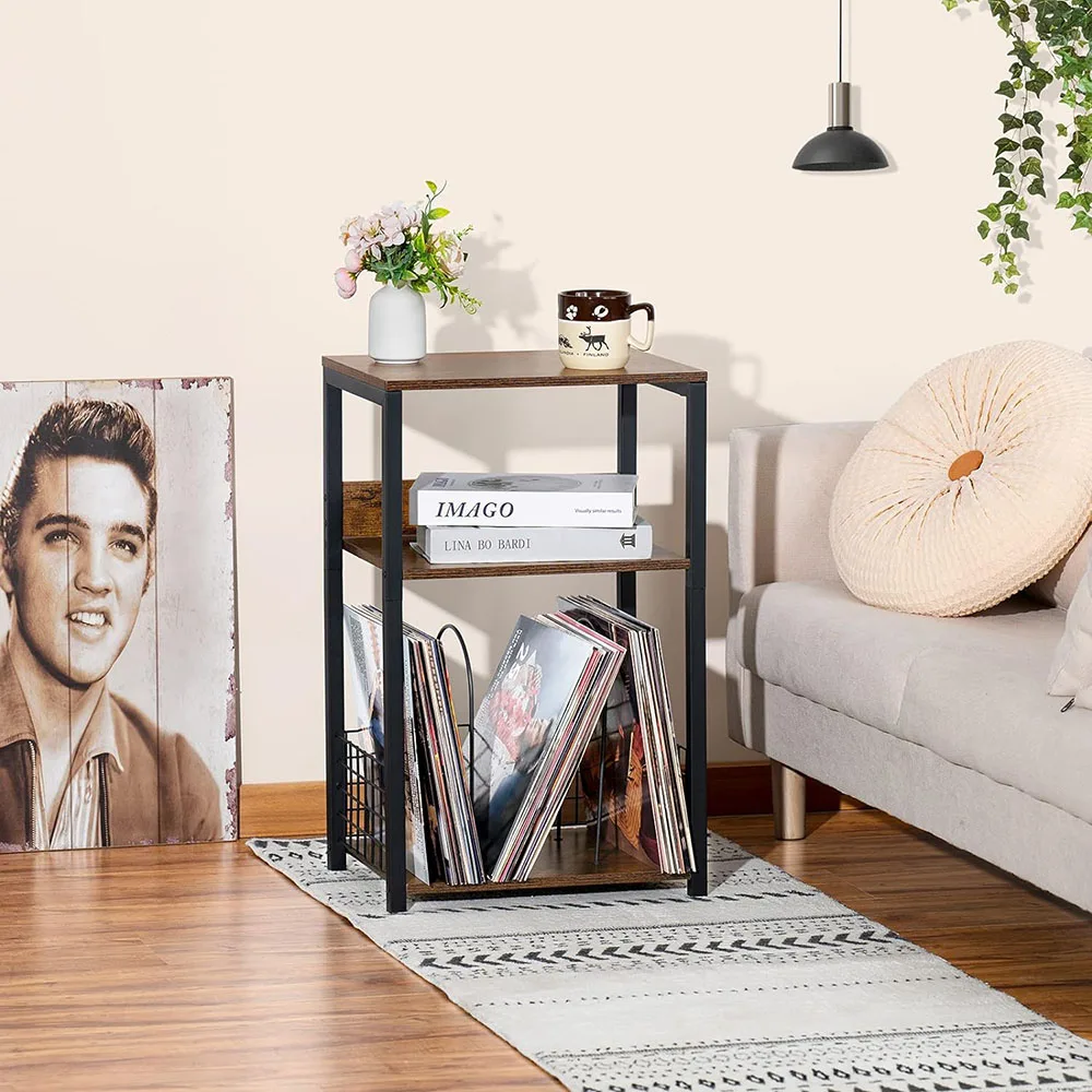 3-Tier Brown Records Storage End Table Wooden Metal Turntable Stand Living Room Bedroom Coffee Tables Record Player Stand supplier