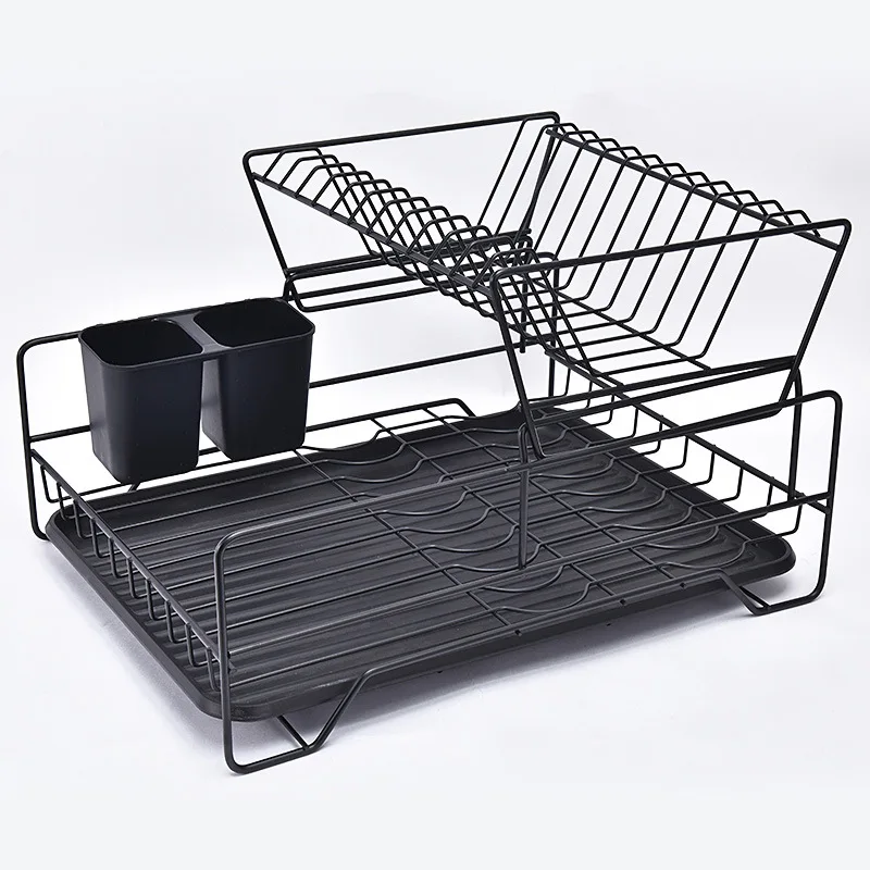 Dish Rack with Tray Compact Dish Drainer for Kitchen Counter Cabinet Black Storage Holder