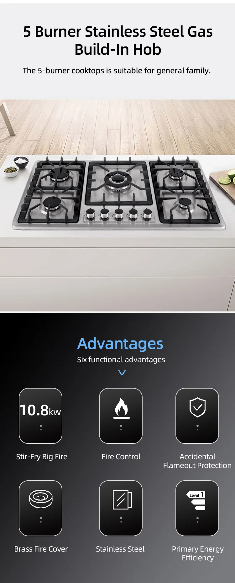 Hot Sale Cooking Appliances Counter Top Built In Gas Stove Portable Kitchen 5 Burners Stainless Steel Gas Cooktop