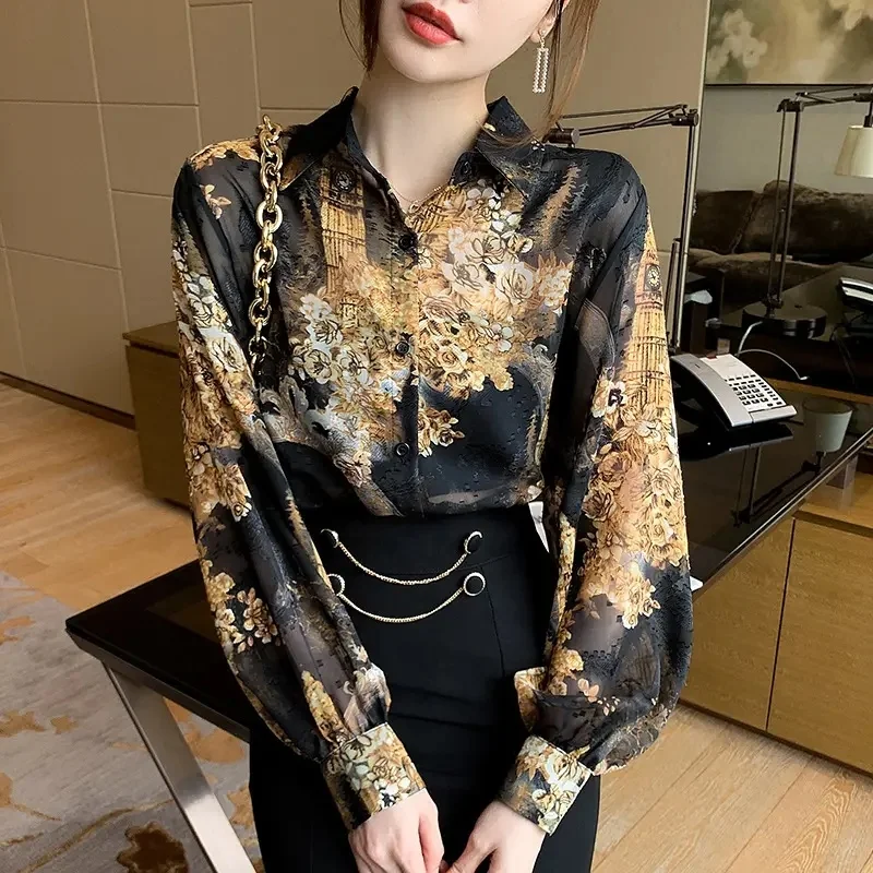 Autumn Women's Chiffon Blouses Vintage Printing Turn Down Collar Loose Shirts Long Sleeve Casual Office Tops Spring New