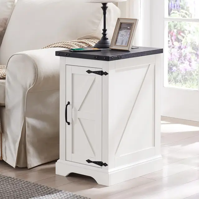 Nightstand with Charging Station Rectangular Farmhouse Wood Rustic End Table and Barn Door and Adjustable Storage Shelf