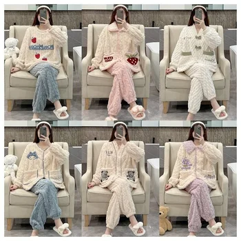 Adult Flannel Sets Nightwear Family Christmas Winter Plush Fleece Pajamas For Women