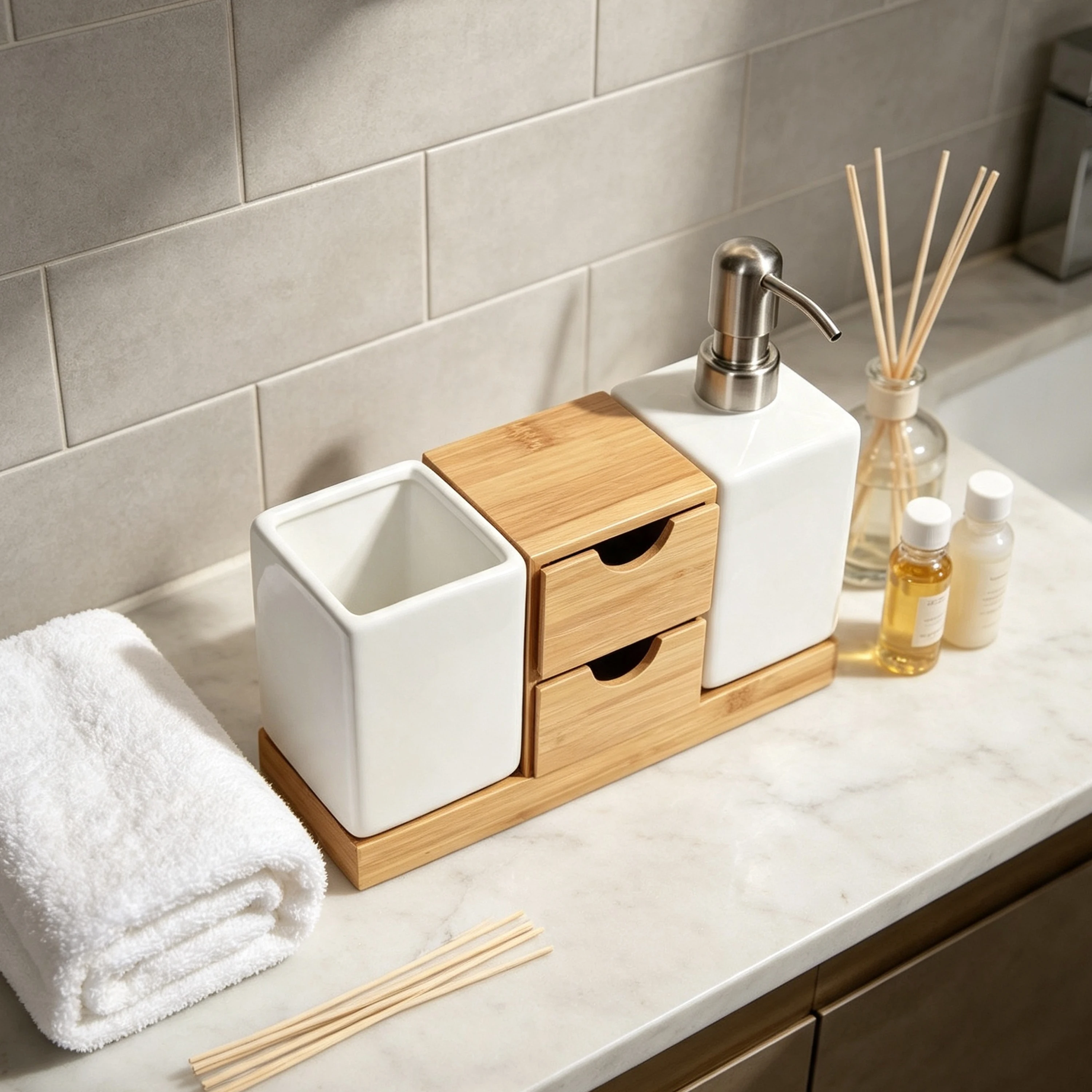 product bamboo three piece countertop organizer with drawers soap pump set modern bath accessories lotion dispenser toothbrush holder-3