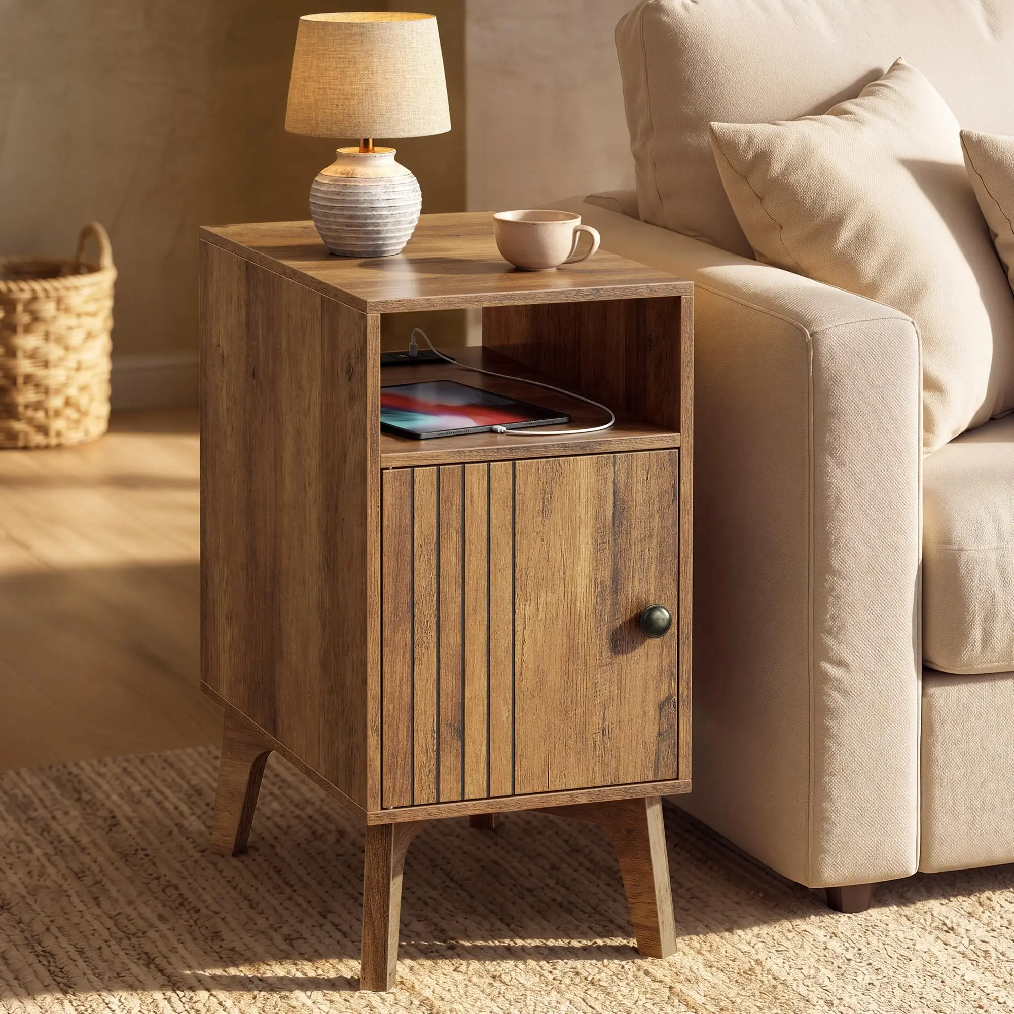 product mid century modern nightstand with charging station fluted wooden end table with usb ac outlets cabinet for bedroom living room-2