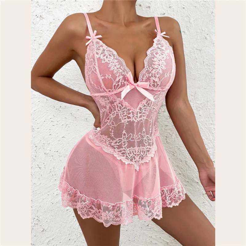 Zzyup Valentines Day Lingerie Lace Babydoll Dress With Bow See