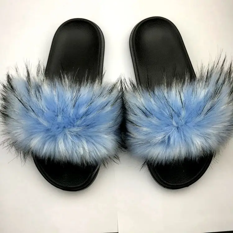Fur slippers faux animal fur faux fur shoes women's sandals faux raccoon fox beach shoes flip flops indoor slippers summer