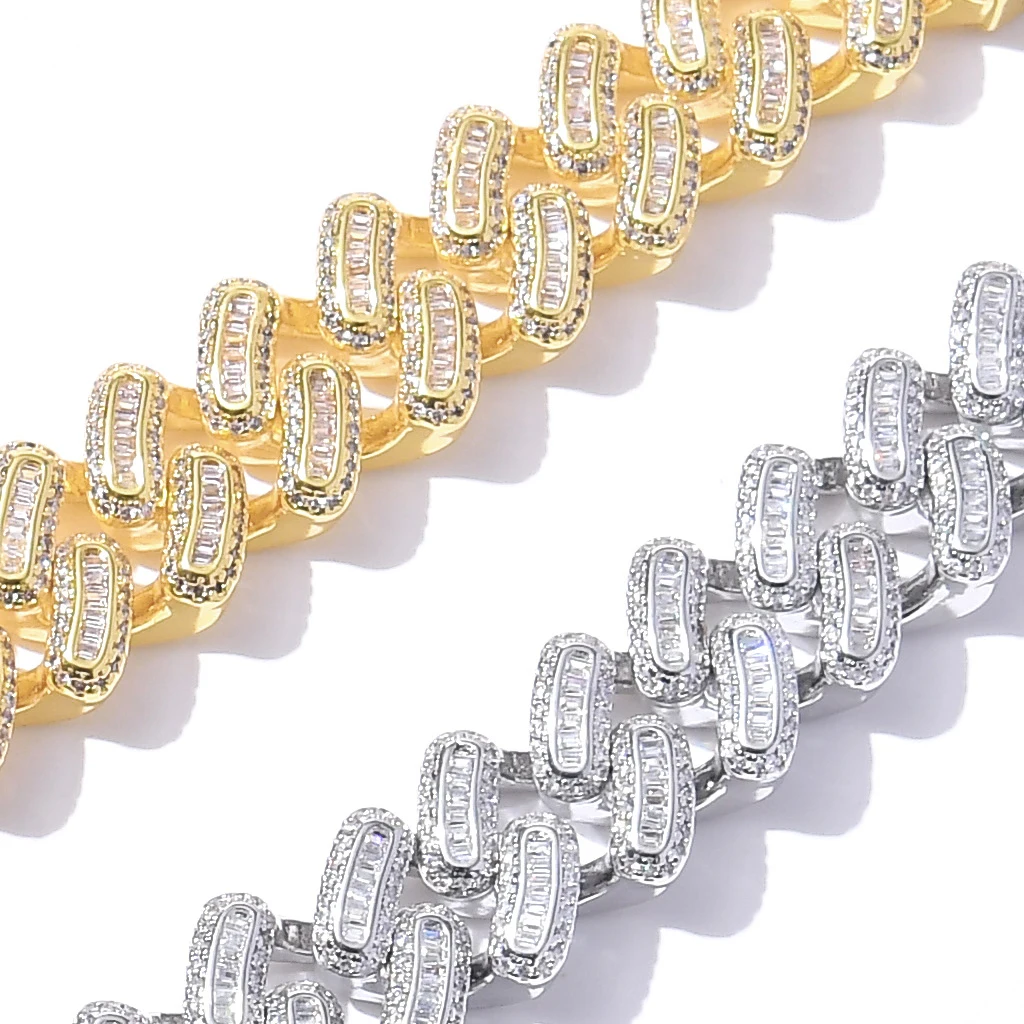 15mm hot wholesale custom 14k gold men women hiphop vvs moissanite iced out baguette cz diamond miami cuban link chains necklace