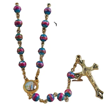 Wholesale Glass Beads Rosary Catholic Necklace with Gold Cross Pendant