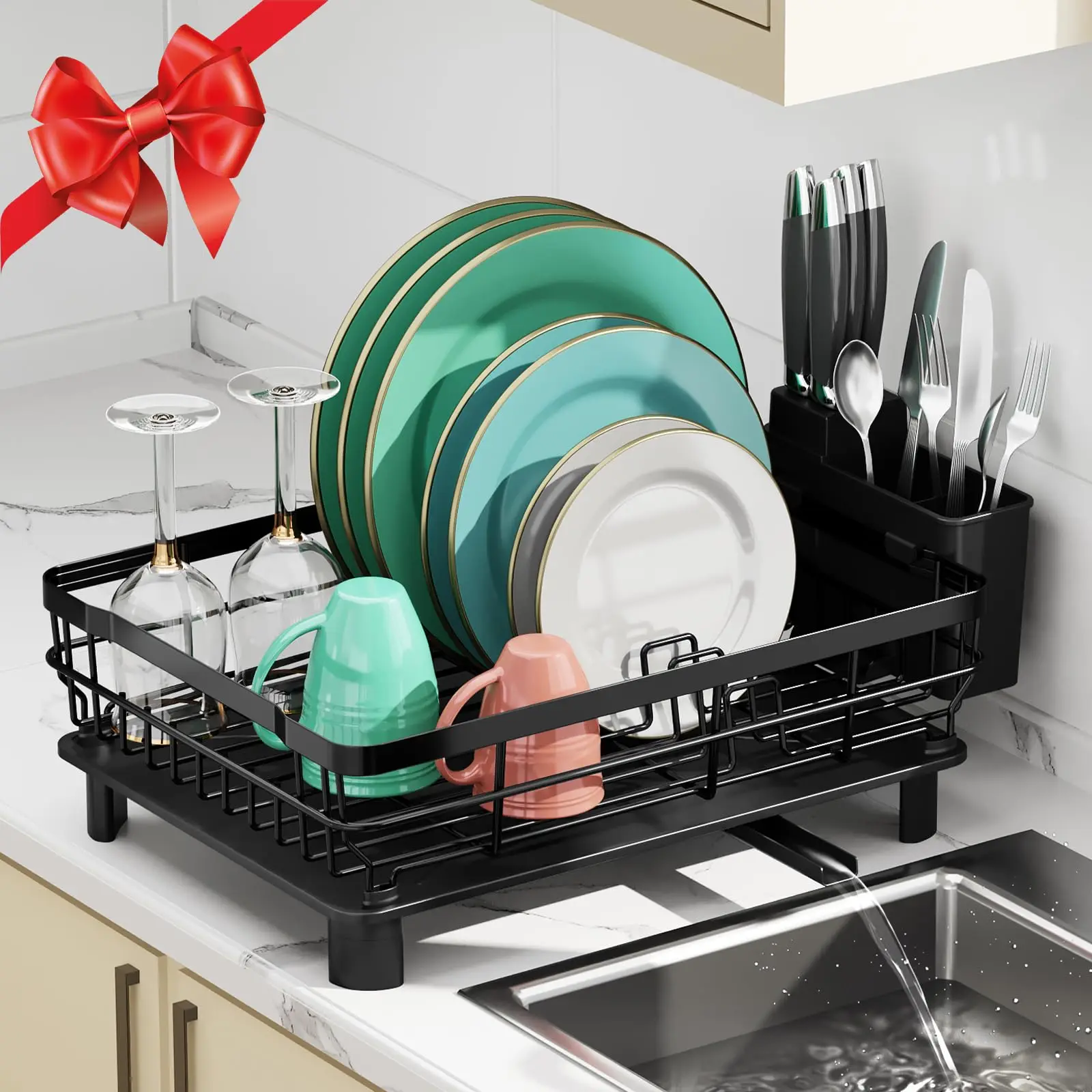 Hot Sales Drainboard Removable Utensil Holder Swivel Spout Metal Dish Drying Rack For Kitchen Counter