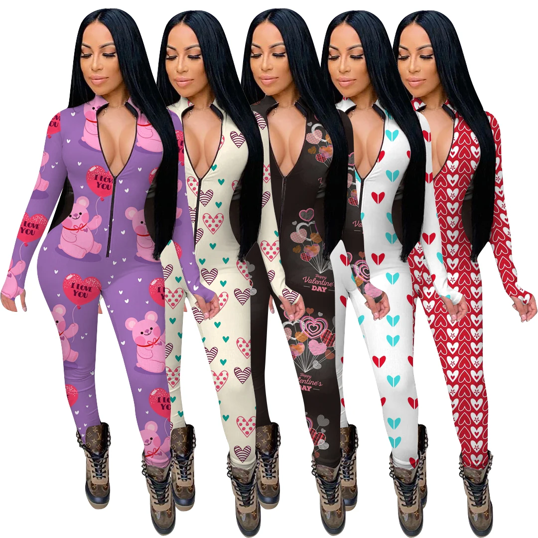 5 colors European and American ladies sexy Valentine's Day element jumpsuit casual cute printing home jumpsuit