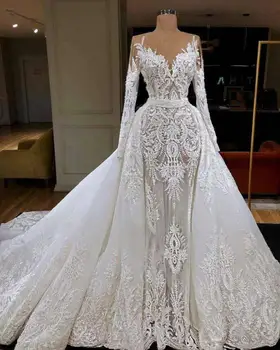 Custom High Quality Long Sleeve Handmade Lace Wedding Dress Slim Fit Detachable Trailing Mermaid Wedding Dress