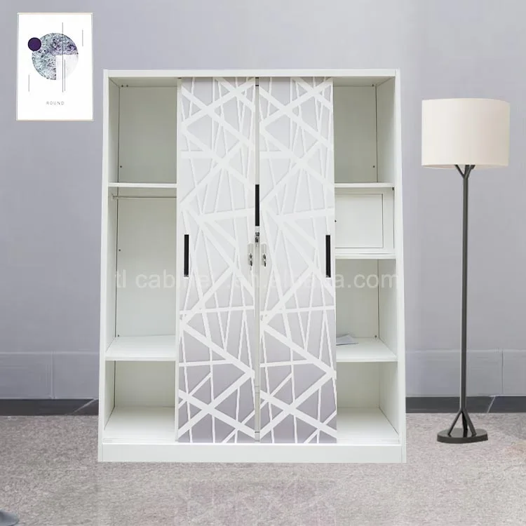 Modern Home Baby Bedroom Iron 4-Door Steel Almirah Wardrobe with Printed Pattern Sliding Metal Door Bedroom Furniture