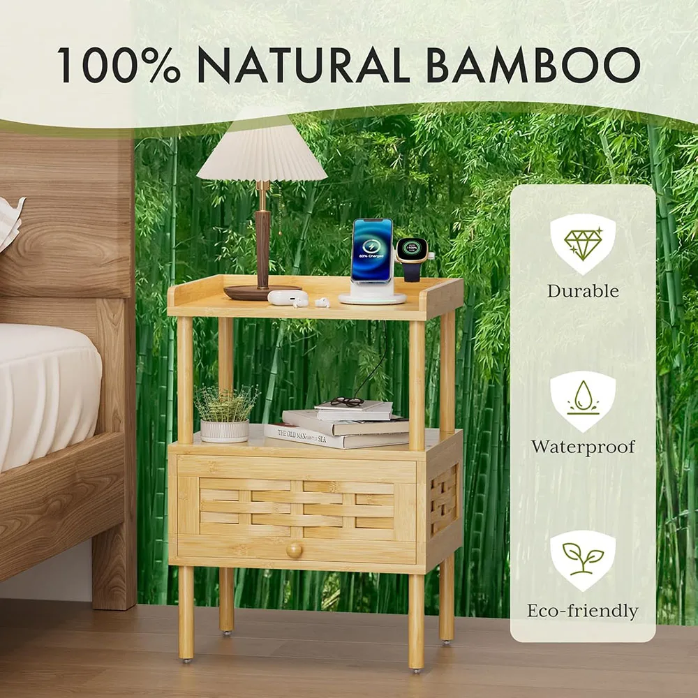 product modern bamboo nightstand with charging station bedside table with usb ports outlets night stand for bedroom use-6