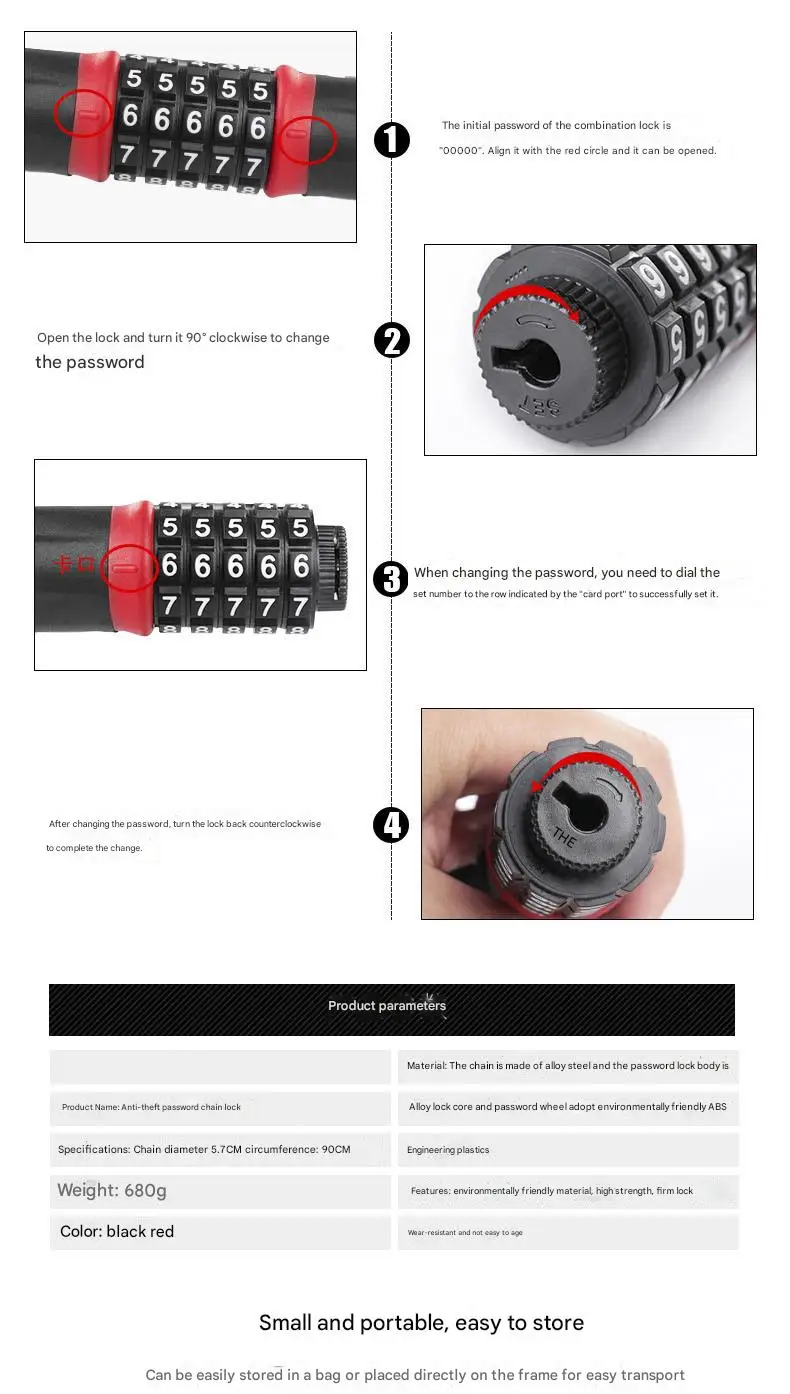 Portable Password-Lock Chain Accessory for Electric Battery Bicycles and Motorcycles Convenient Anti-Theft Accessory
