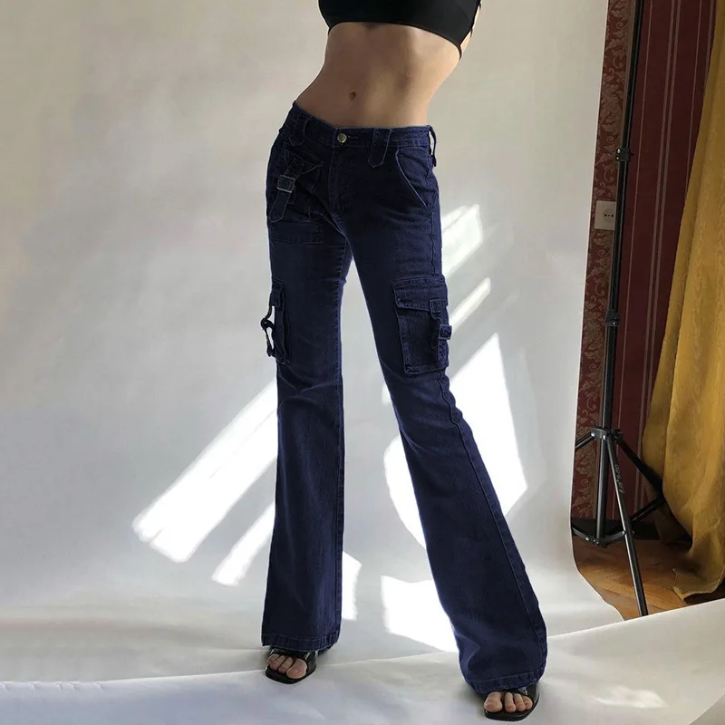 Pocket Metal Buckle Jeans Straight Slim 