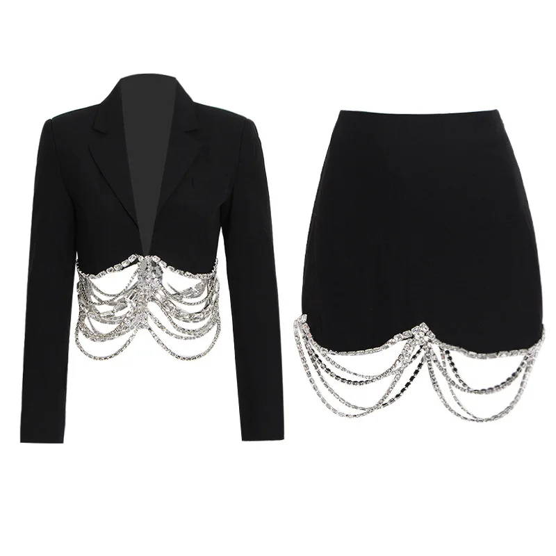 Autumn Sexy party  rhinestone Blazer mini skirt formal ladies office suits skirts and jackets diamond blazer skirt
