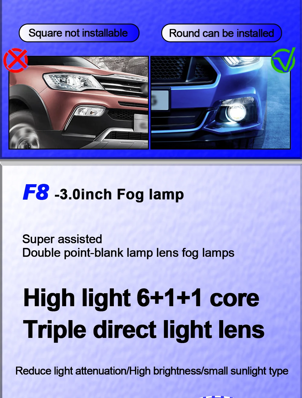 TECH-KING F8 12V 6000K Super Bright Laser 130W Universal Bi Led Projector Lens 3.0 Inch Fog Light Lens for Car Modification