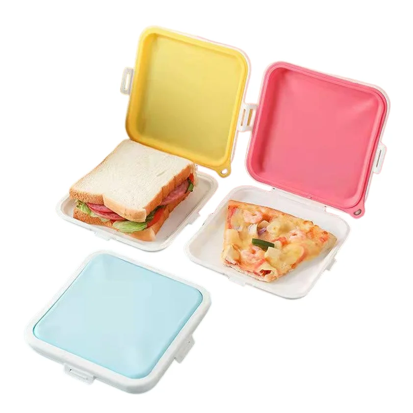 BPA free silicone Pink blue yellow portable sandwich pizza container food storage lunch box to tack away for student officer