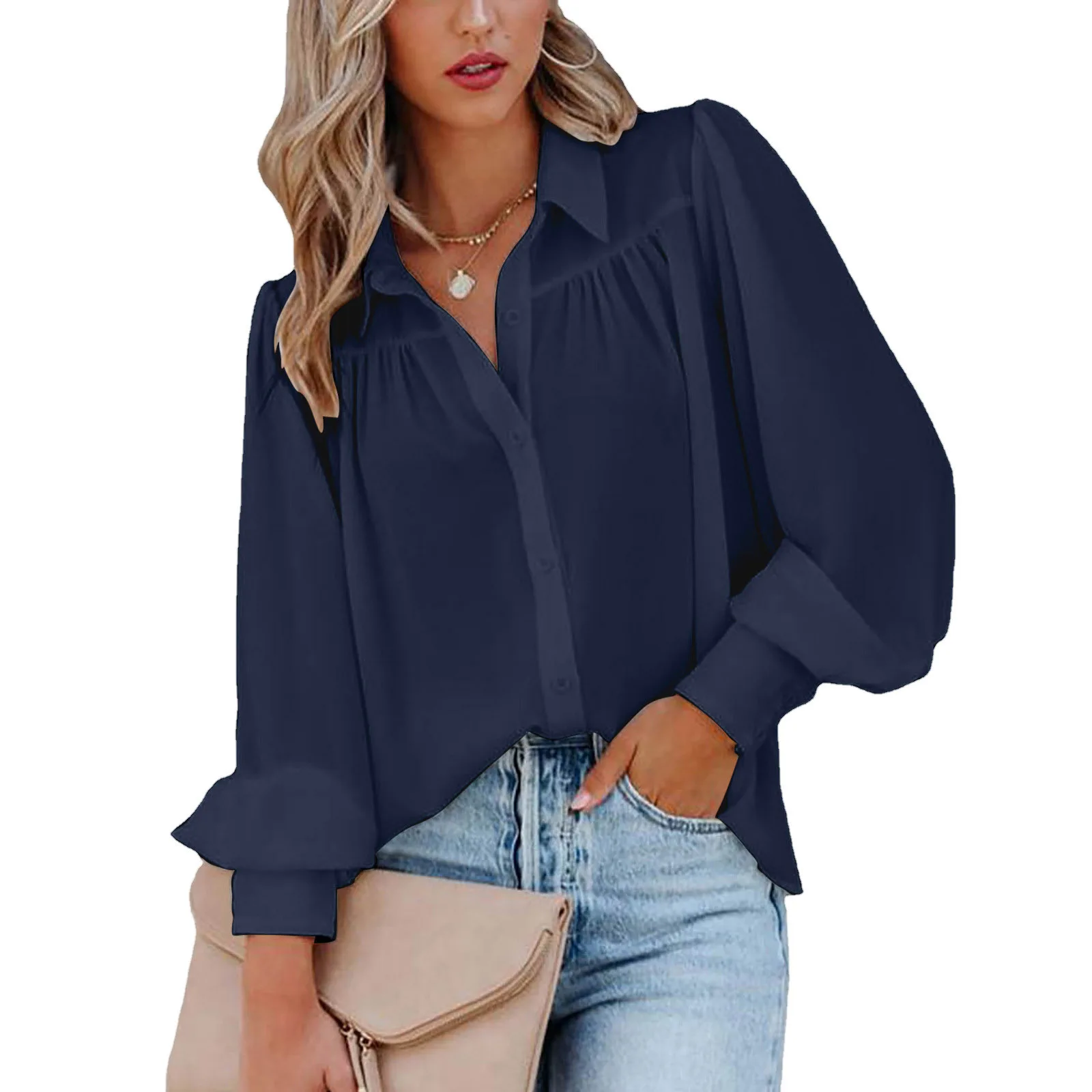 2023 new design Button Up Top Balloon Sleeve Pleated Solid Color Stand Collar Loose Shirt Long Sleeve Women's tops