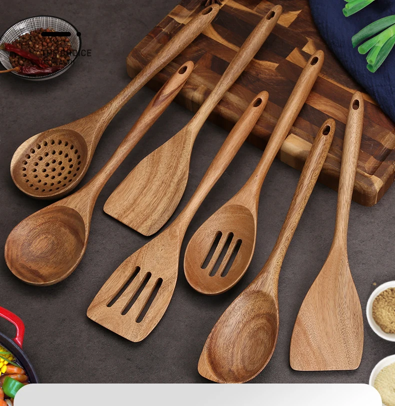 Wooden Spoons for Cooking Nonstick Wood Kitchen Utensil Cooking Spoons Natural Teak Kitchen Utensils Set Of 8PCS