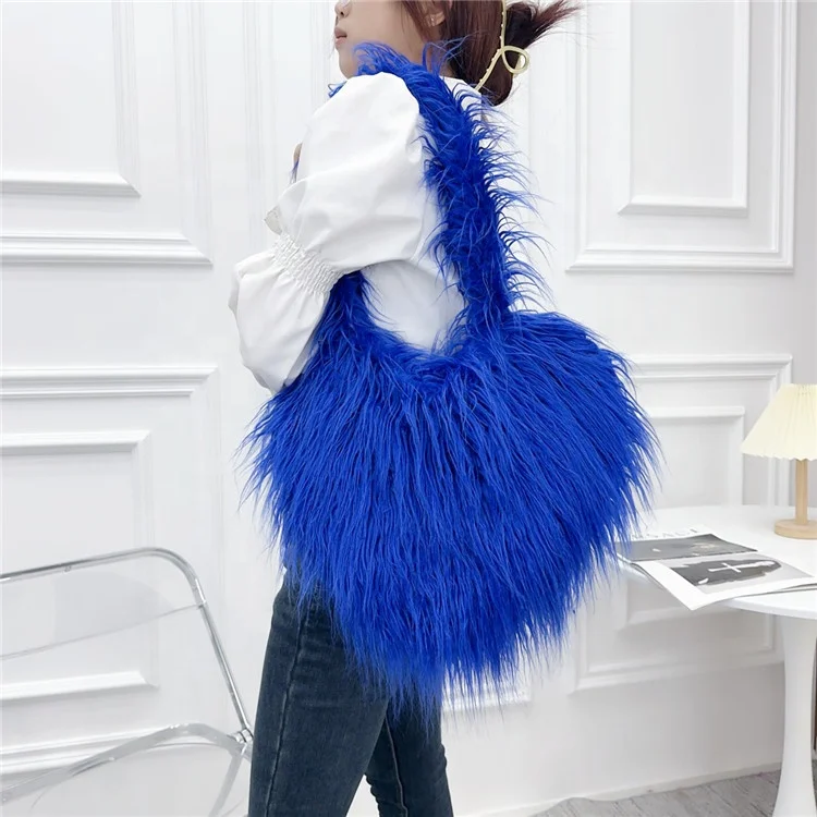 Faux Natural Fur-Ever Mongolian Furry Fur Heart Shape Oversized Tote Bags For Women Handbags With Long Shoulder Fur Straps