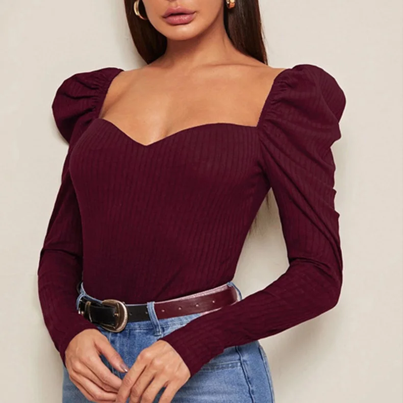 2021 New Fall Arrivals For Women Clothes Stylish Knitted Puff Sleeve Shirts Square Collar Tops Backless Rib Knit t Shirts