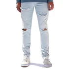 Hot sale mens light blue ripped stacked skinny fit jeans