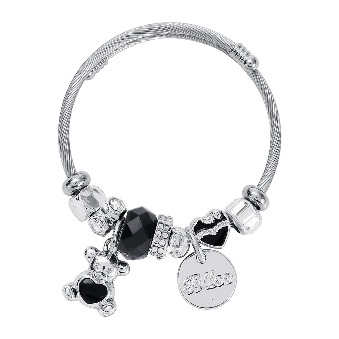 Romantic Bear Charm Bracelet With Client's Own Logo Engraved Stainless Steel Jewelry Hot Selling Lady Fashion Cuff Bracelet