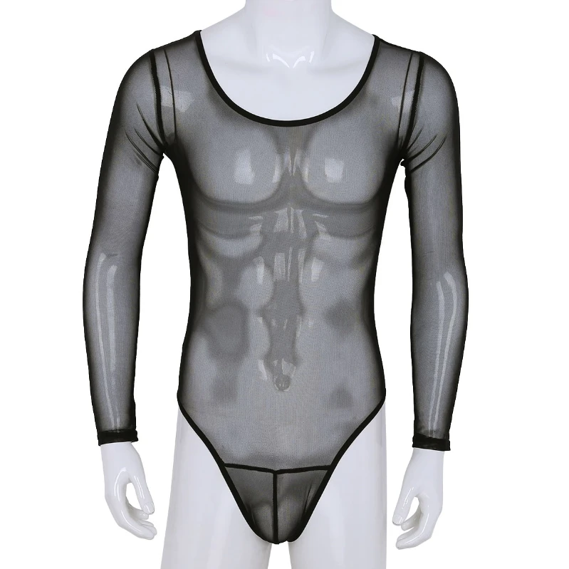Supply Fashion Male One Piece Transparent Mesh Longsleeve Thong Bodysuit  Underwear Sexy Leotard Lingerie
