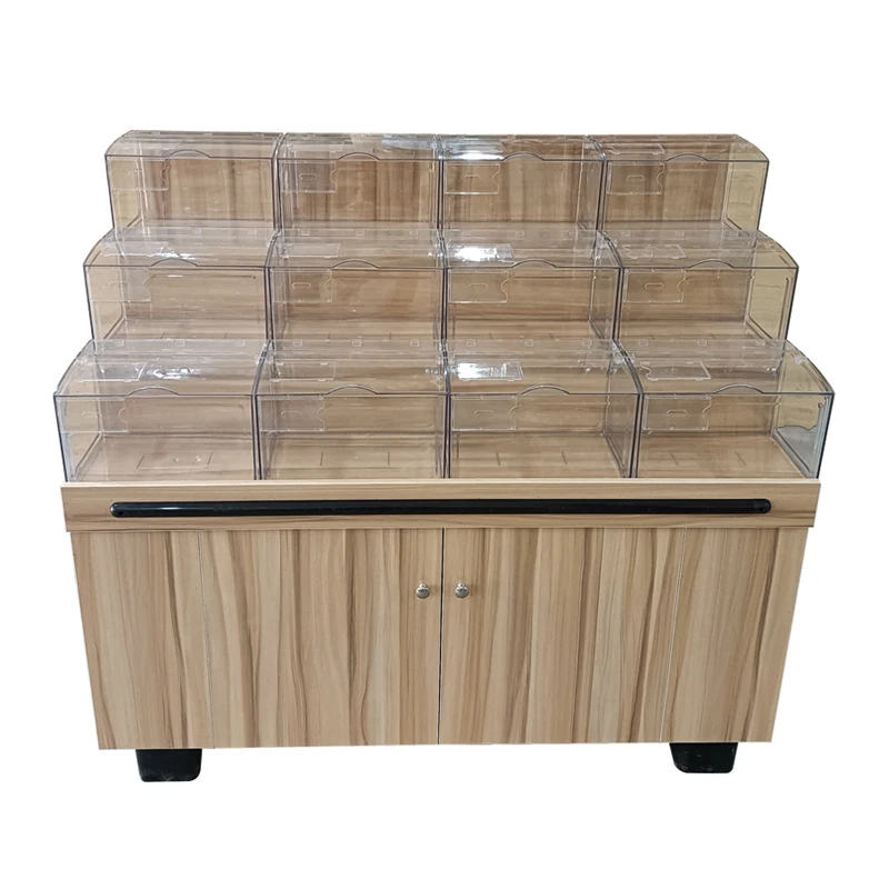 Meicheng Wholesale Commercial Snack Display Stand Wood Bulk Food Displays Customized Nuts Grains Racks Candy Rack Display