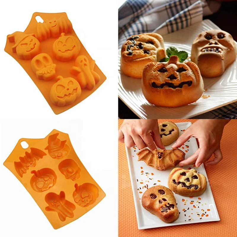 Halloween Pumpkin Bat Shape Silicone Cake Mold Mould for Holiday Decoration Resin 2023 Trending Non Stick 6 Grids Opp Bag Orange