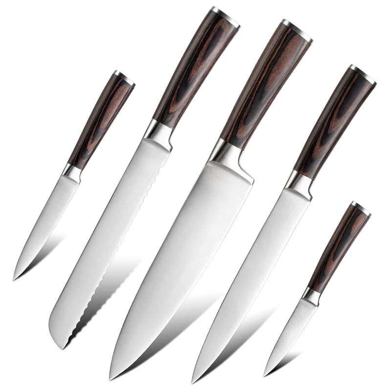 Premium Japanese Carbon Stainless Steel Chefs Knife Coloured Kitchen Knife Set with Pakka Wood
