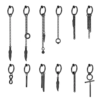 Wholesale custom long chain dangle hinged huggie earring punk non piercing stainless steel clip on hoop earring for women men