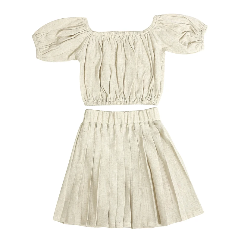 Wholesale Summer Kid Tracksuits Solid Color Linen Children Two Piece Set Baby Girls Dress Set