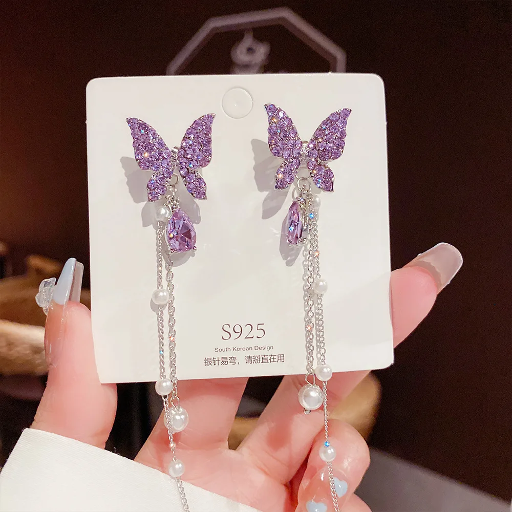 Fashion 925 Silver Needle Earrings Glass Beautiful Butterfly Earrings Full Diamond Long Pearl Tassel Stud Earrings
