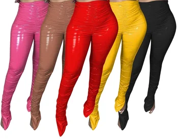 2021 Girls' Black Leather Stacked Pants Trousers Leggings High Waist Split Bottom Pants Shiny PU Leather Pants For Women