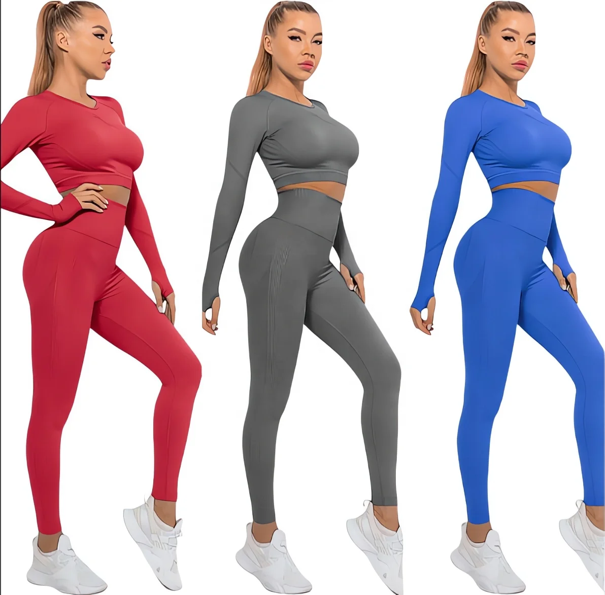 Women Workout Sets 2 Pieces Long Sleeve Yoga Outfits Gym Clothes Seamless Ribbed Crop Top High Waist Leggings