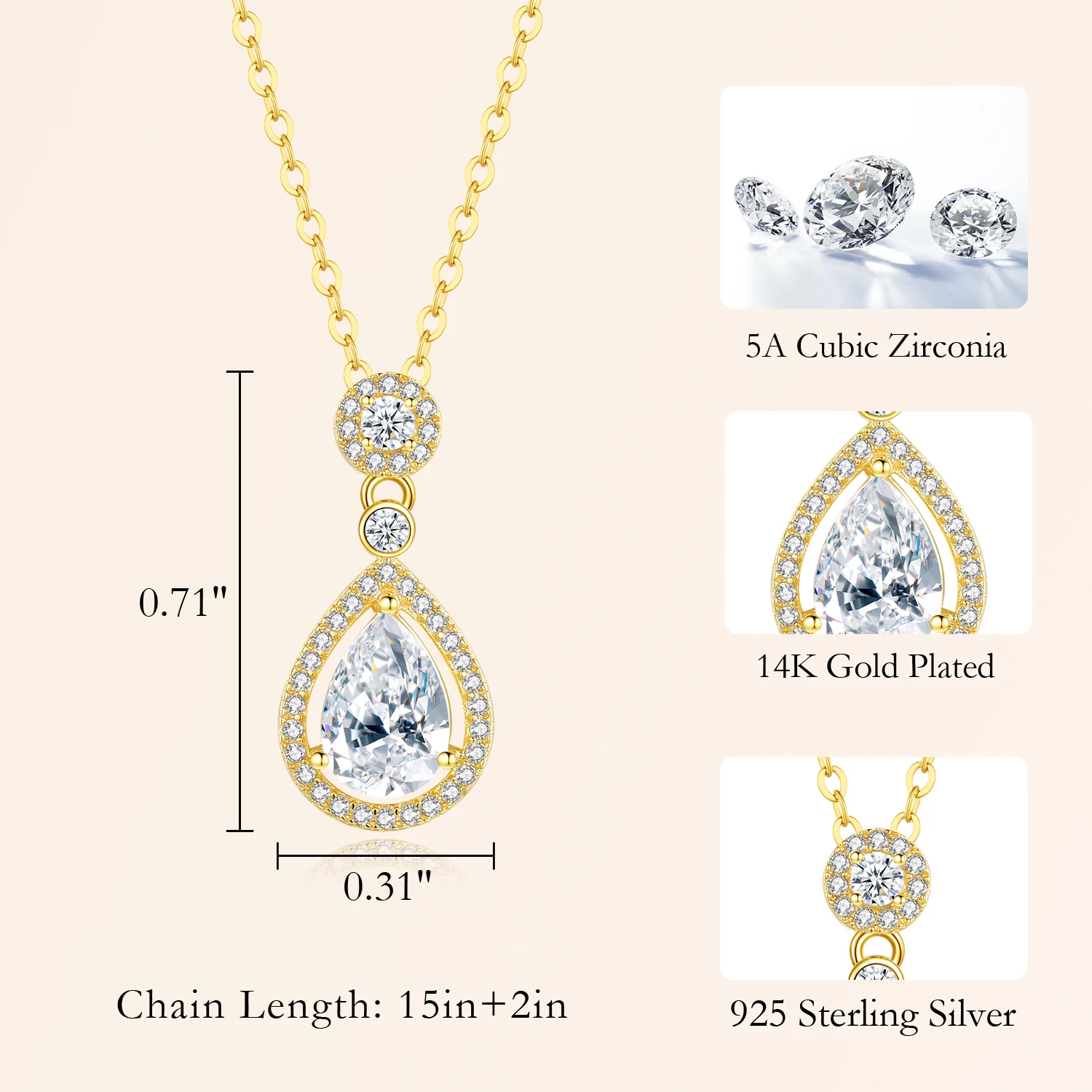CDE CZYN039 Fine 925 Sterling Silver Jewelry Necklace Wholesale 14K Gold Plated Chain Water Drop Crystal Pendant Necklace