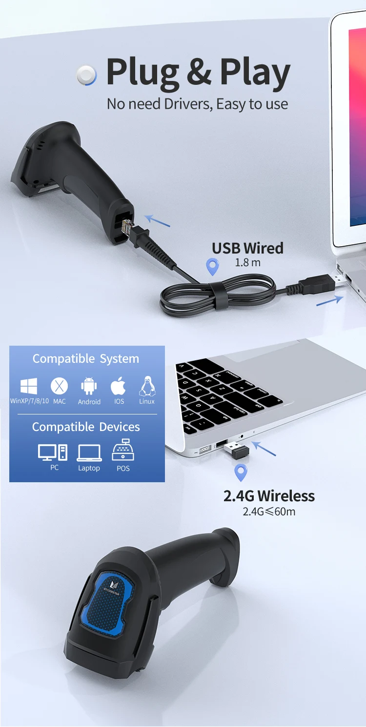 Xincode 2D 1D el kablosuz barkod tarayıcı tarama tabancası kablolu Usb barkod okuyucu mağaza süpermarket depo envanter