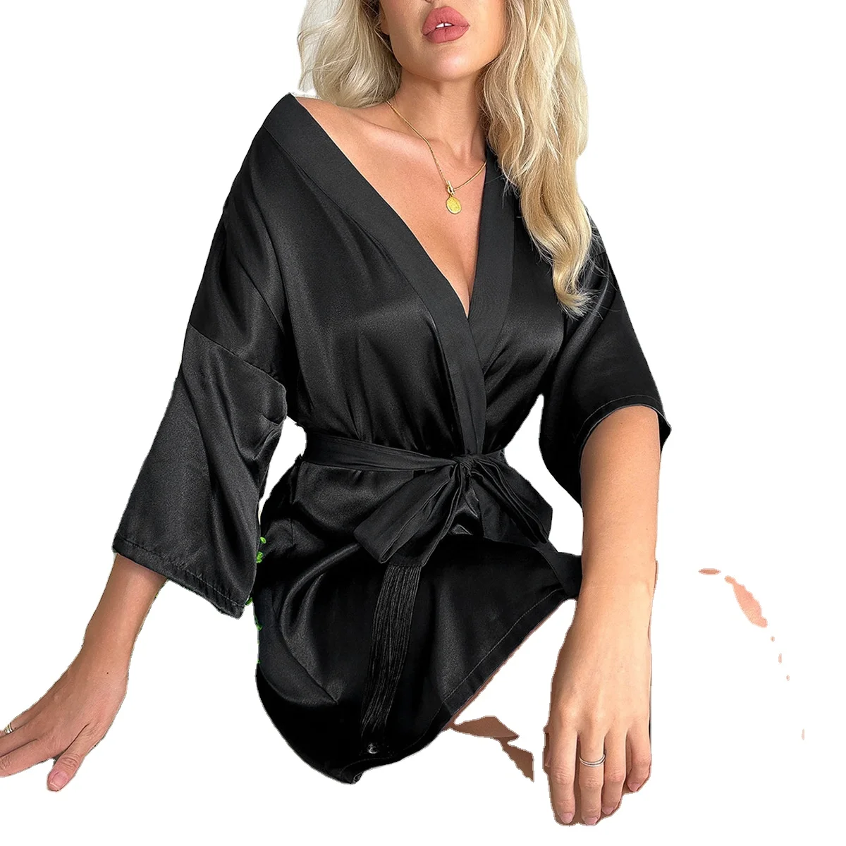 European American Style Summer Bathrobe for Women Elastic Waist Satin Nightgown Tassels Short Cardigan Front Sexy Half Sleeves