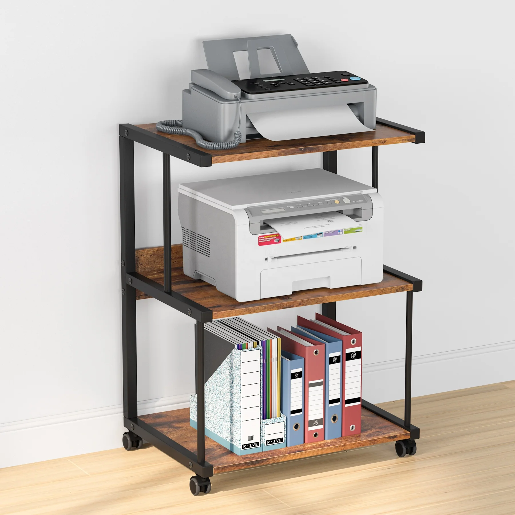 Rolling 3 tier Printer Stand Table Machine Cart with Storage Mobile Desk Organizer Shelves for Office Home Brown