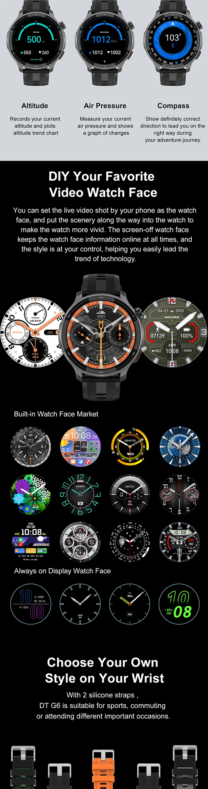 product 2026 men gps 3atm compass smart watch dtg6 with amoled offline map barometer altimeter sport smartwatch-7