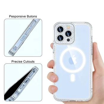Diamond sublimation clear acrylic case for iPhone 14 14 pro wireless quick charging magnet phone case for iphone 13 pro max