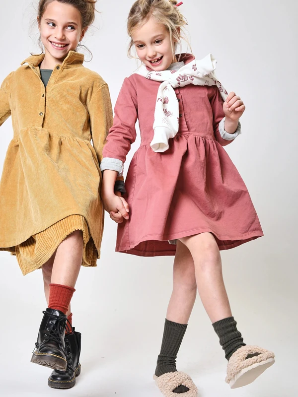 Fashion dress designs teenage girls turn down collar cotton woven girls dress