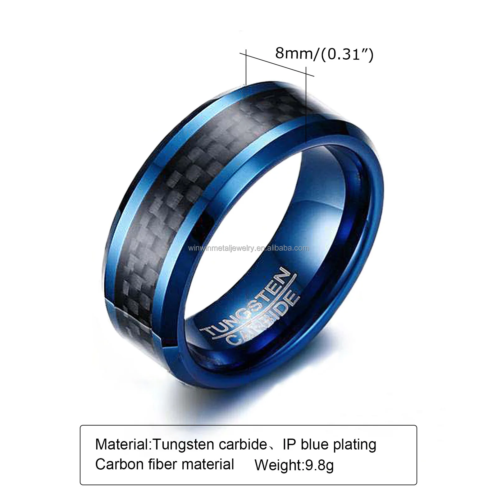 8mm Comfort Fit Tungsten Wedding Band Ring with Black Carbon Fiber Inlaid and Classic Gold Polished Finish