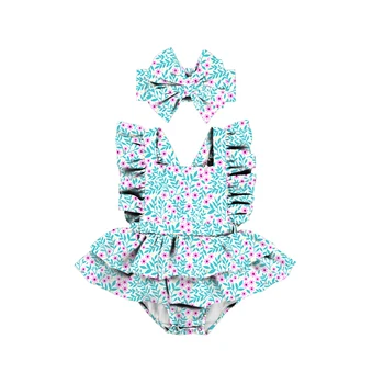Cheap baby girl clothes baby girl romper ruffle suspenders newborn girl tiny blue flowers romper wholesale summer clothing