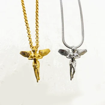 New Arrival Religious Cupid Charm 32mm Cherub Guardian Angel Pendant Chain Stainless Steel 18k Gold Angel Men's Pendant Necklace
